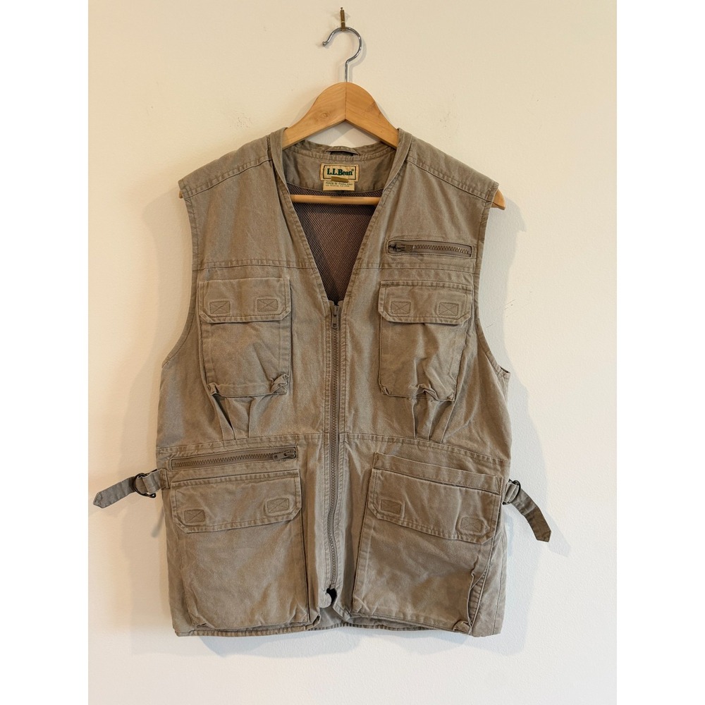 L.L. Bean Vest Mens Small Beige Canvas Field Safari Photography Fishing Hunting